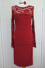 Phase Eight Dress Size 12 Red Lace Ruched Stretch Jersey Long Sleeves Bodycon