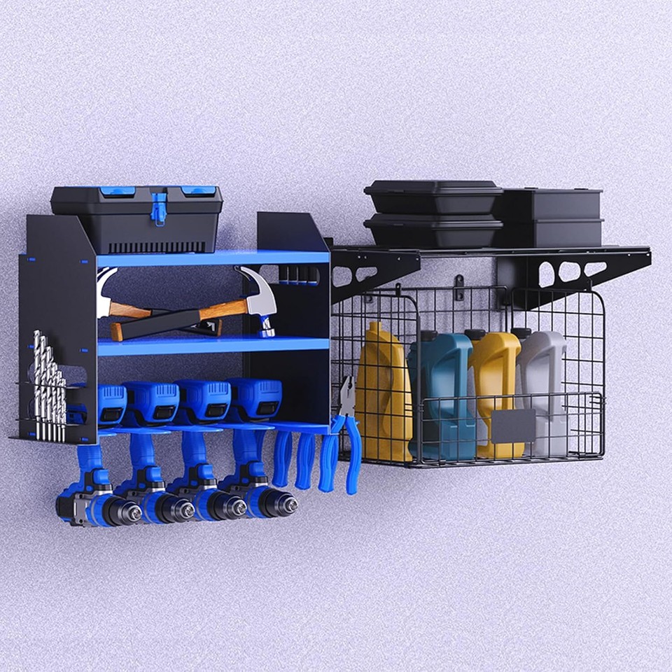 Garage Wall Shelving with Wire Basket, Heavy Duty Shelf Mount Garage