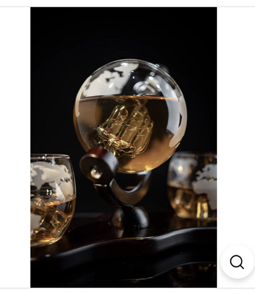 The Wine Savant Globe World Whiskey Decanter Set Mahogany Wood 2 Globe Glasses