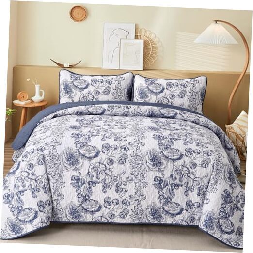Quilt Set Queen Size,3 Piece Floral Bedding Coverlet Sets Queen 90“×96” Blue
