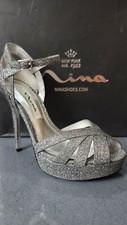 Nina New York Senora-YG Platform Evening Sandals Silver Glitter Size 6M
