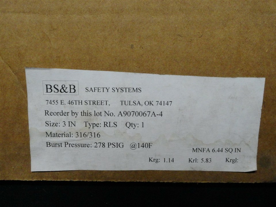 BS&B SAFETY SYSTEMS - RUPTURE DISK - TYPE RLS - SIZE 3
