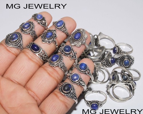 10 Pcs Lot Lapis Lazuli Gemstone 925 Sterling Silver Plated Designer Baby Rings - Picture 1 of 10