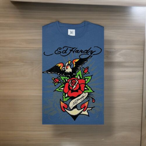 Ed Hardy Logo Herren XL Grafik Nieten Adler Rose Tattoo blau Rundhalsausschnitt T-Shirt - Bild 6 von 16