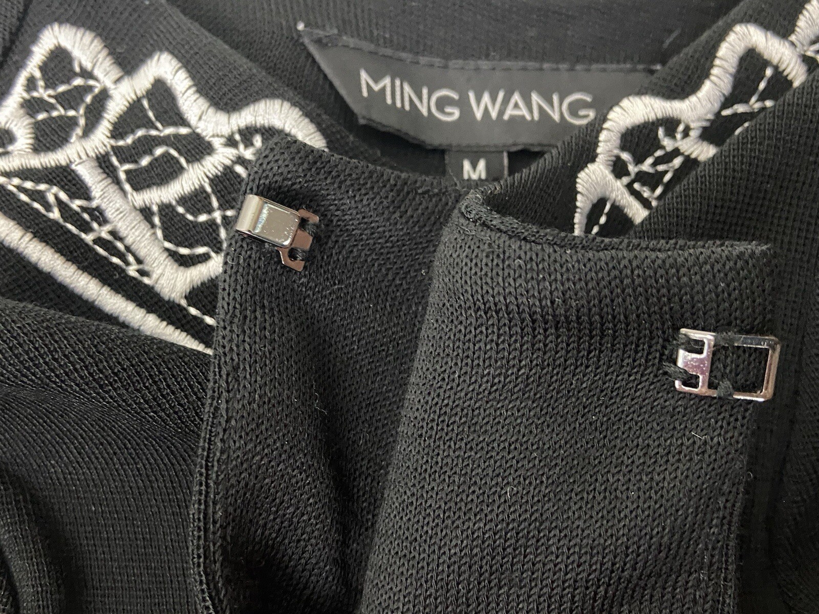 Ming Wang Size Medium Black Embroidered Cardigan Jacket Tunic Length 3/4 Sleeves