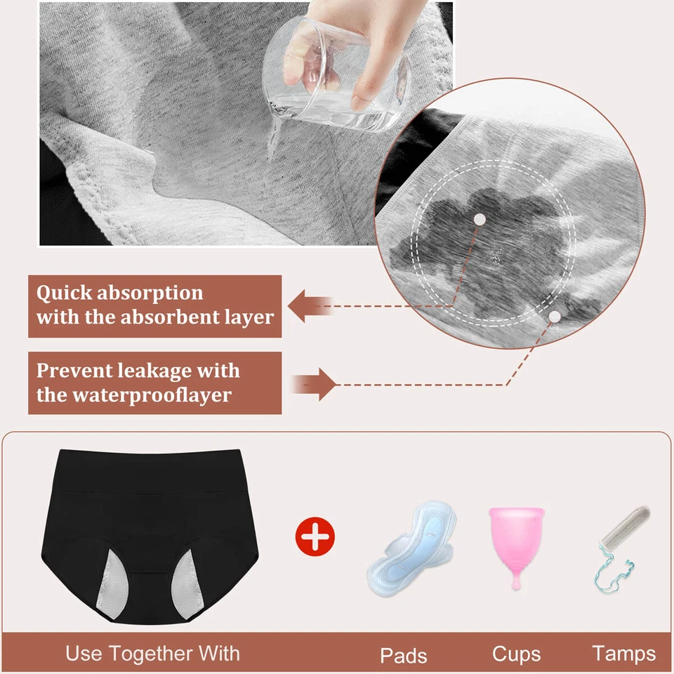 5 Pack Womens Cotton Period Panties Leakproof Underwear Menstrual Briefs Panty - Image 4 of 4