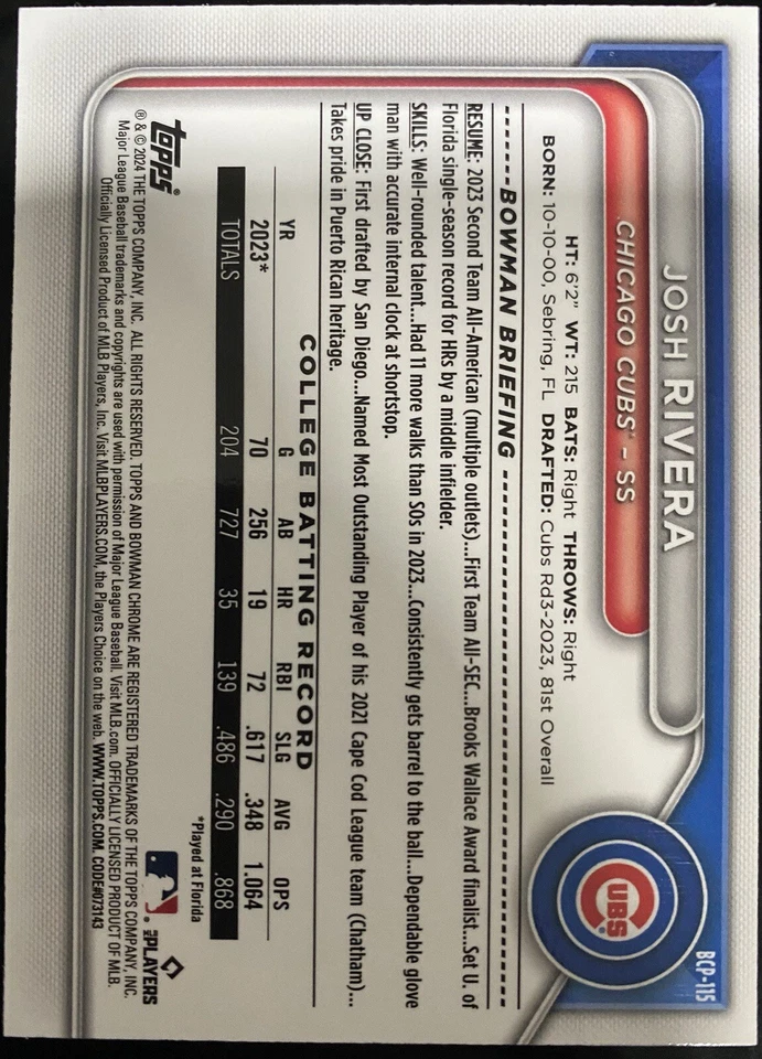 2024 Bowman - Chicago Cubs Yellow Border #BP-115 Josh Rivera /75 (RC) - Image 2 of 2