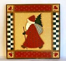 Hand Painted Santa on Rustic Wooden Plaque Sign Folk Art Country Primitive Style