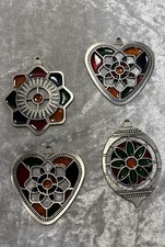 Lot of 4 Vintage Stained Glass Style Metal Christmas Ornaments Multi Color