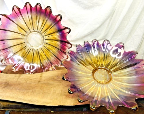 Federal Glass Celestial Marigold Purple Iridescent 11" 2 Pc Bowl Set 1940's Rare