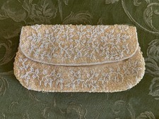 Vintage La Regale Hand Made White Beaded Ivory Silk Clutch Evening Purse