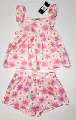 New Primark Girls Set of 2 Pink Floral Blouse Top & Shorts Size 5-6 Years