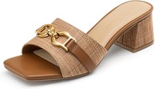 Women's Raffia Heeled Sandals Square Open Toe Slip On Mules Chunky Block Heels