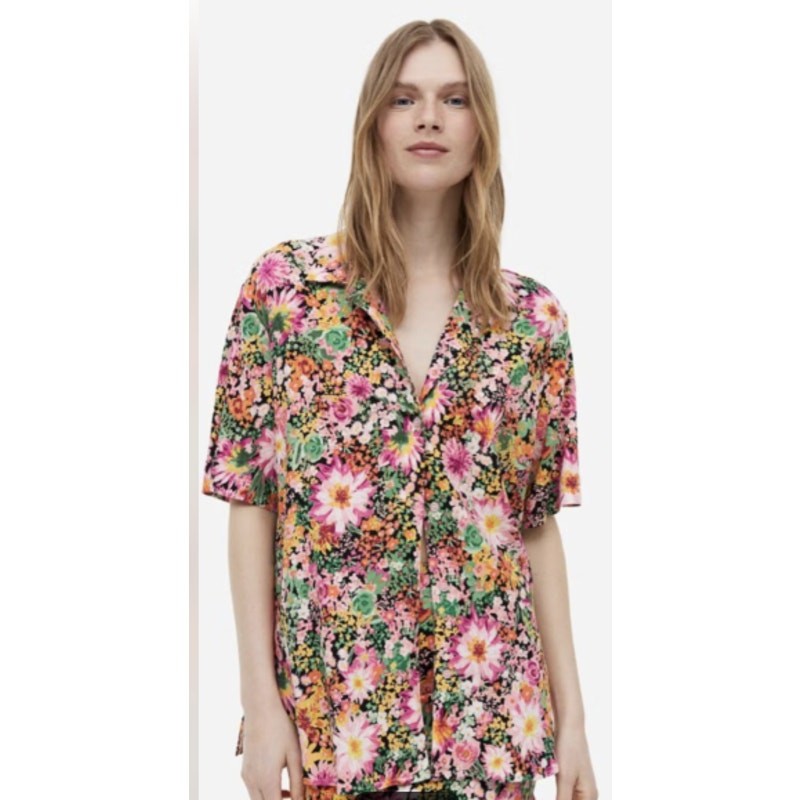 H&M Floral Loose Fit Resort Shirt Black/Floral Womens Size S