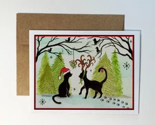 Black cats dressed like reindeer, snowflakes, Christmas card, notecard #114