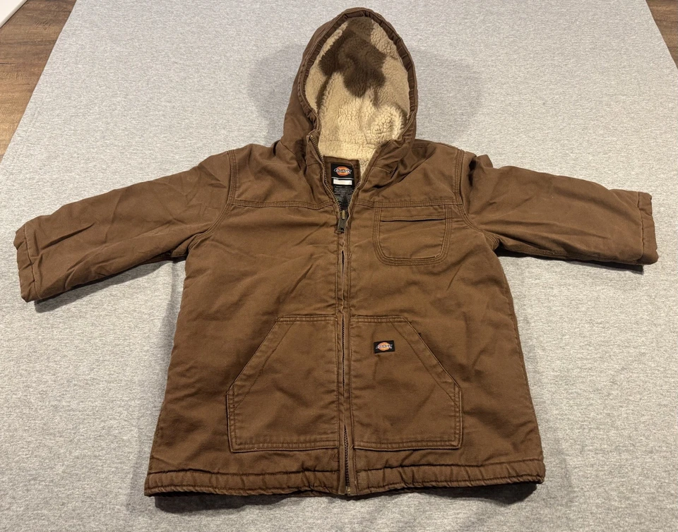 Boys Dickies Sherpa Lined Duck Jacket Hooded Brown Canvas & Nylon Coat Large  - Image 2 of 4