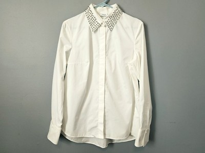 Akris punto Cotton Poplin Button-Front Blouse Detachable Crystal Stud Collar New