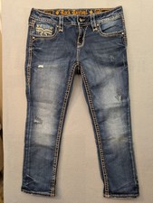 Rock Revival Jeans Women's 28 Caro Crop Rhinestone Decorated Distressed Whiskers