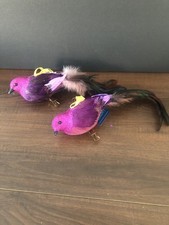 Christmas Ornaments Clip-On Birds w/ Real Feathers Glitter NWT Purple