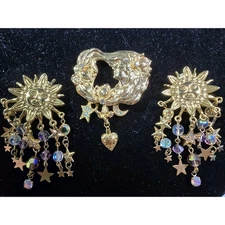 Vintage Kirks Folly Earings And Matching Brooch, Sun and Stars, Mother Earth