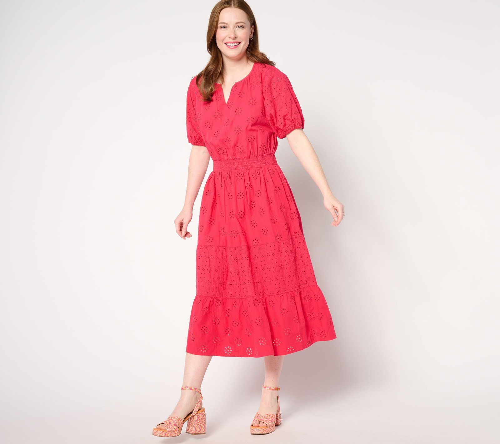 Isaac Mizrahi Live! Women's Petite Dress PL Cotton Eyelet Tiered Pink A645061