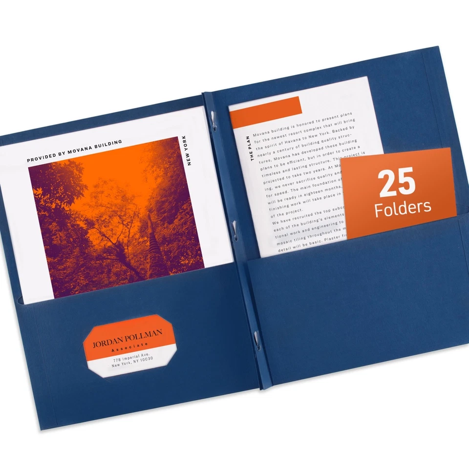 Carpetas de dos bolsillos Avery con sujetadores de 3 clavijas, tiene capacidad para 70 hojas, 25 carpetas azules Foto 2 de 4