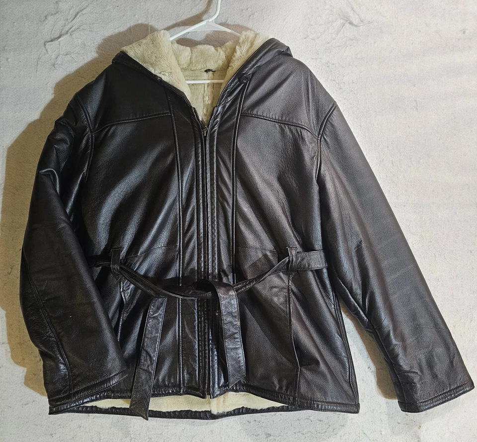 Wilson's 100% Leather Jacket Faux Fur Lined Hooded Full Zip Black Womens Size XL - Image 2 of 4