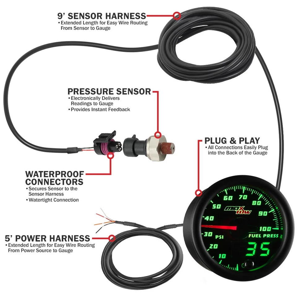 52mm MAXTOW DOUBLE VISION 100psi FUEL PRESSURE GAUGE - GREEN DIGITAL + ANALOG - Image 3 of 4