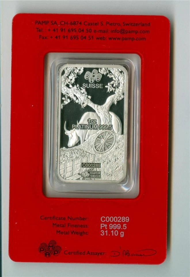 PAMP SUISSE 2021 AÑO LUNAR DEL BUEY 1 OZ BARRA DE PLATINO 999,5 EN TARJETA DE ENSAYO Foto 2 de 2