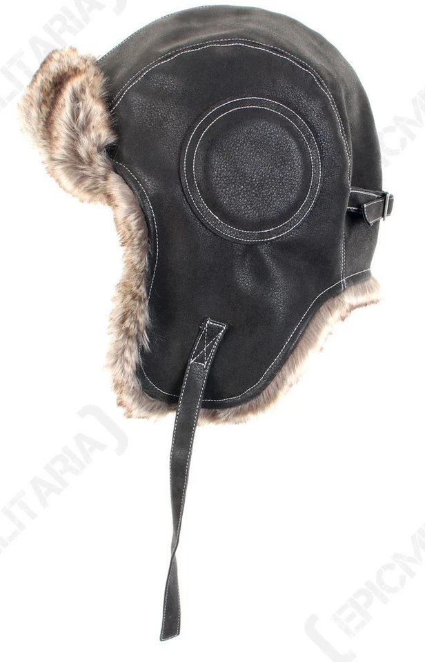 Noir Aviateur Cuir Ushanka - Hiver Russe Chapeau Ski Fourrure Pilote Militaire - Photo 2/4