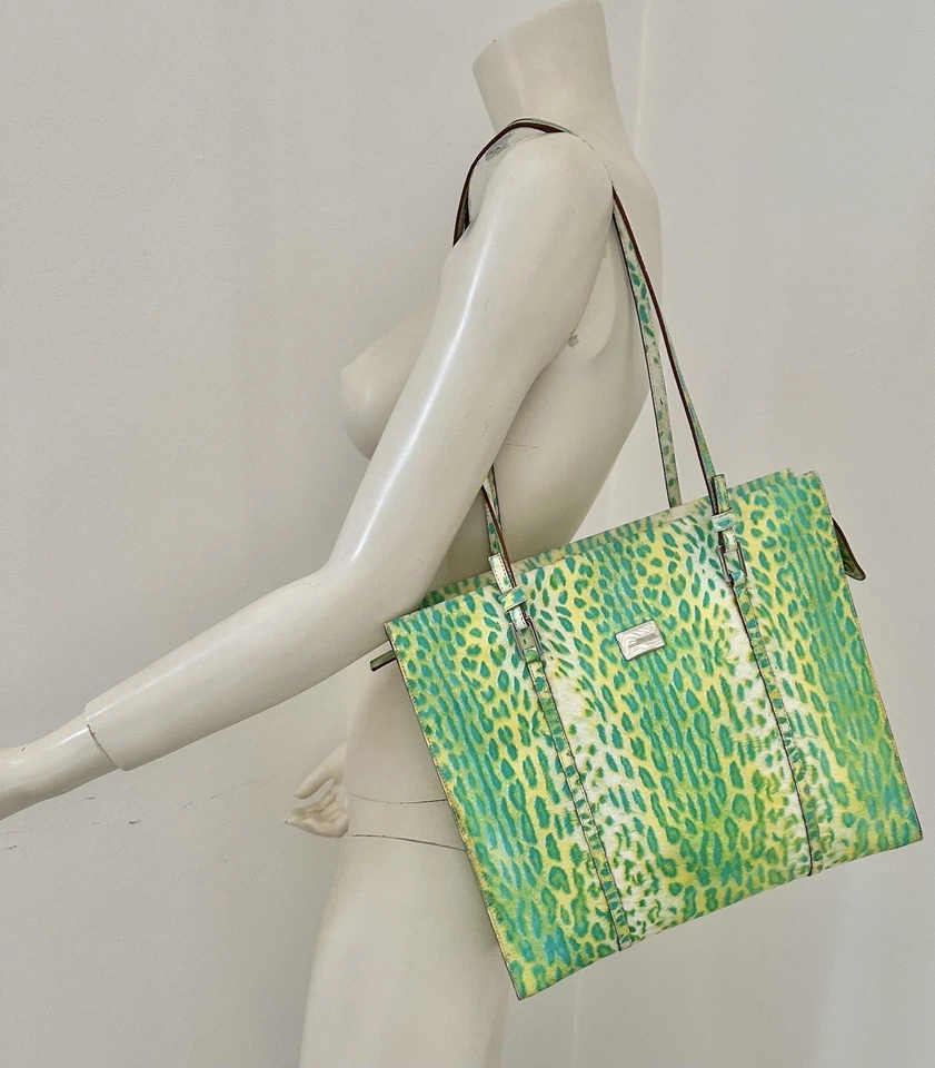 Roberto Cavalli Bag Borsa Green Leopard Leather Tote Top Medium Handbag Purse - Image 2 of 4