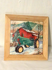 John Deere Framed Painted Hanging Ceramic Wall Tile Winter Scene  Licensed 9"X9"