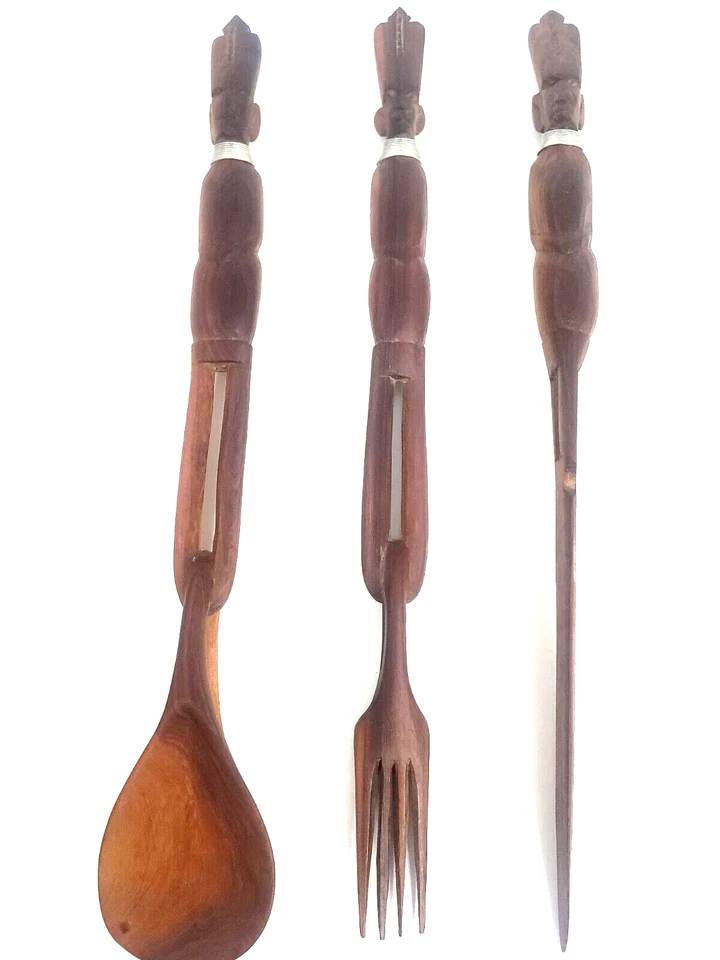 VTG 1950s AFRICAN HAND CARVED WOODEN SERVING FORK KNIFE & SPOON TIKI 14" TALL - Изображение 2 из 4