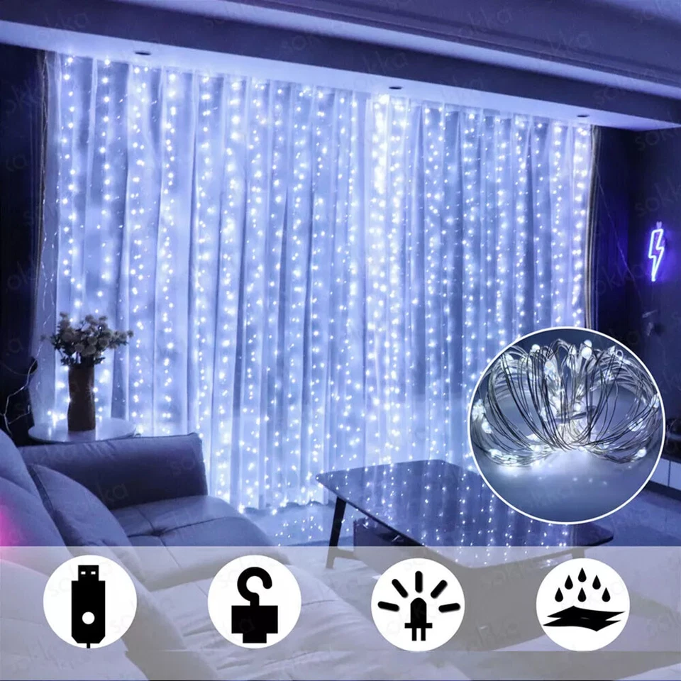 300 LED Curtain Fairy Light USB String Light With Remote Xmas Home Party Wedding - Image 4 of 4