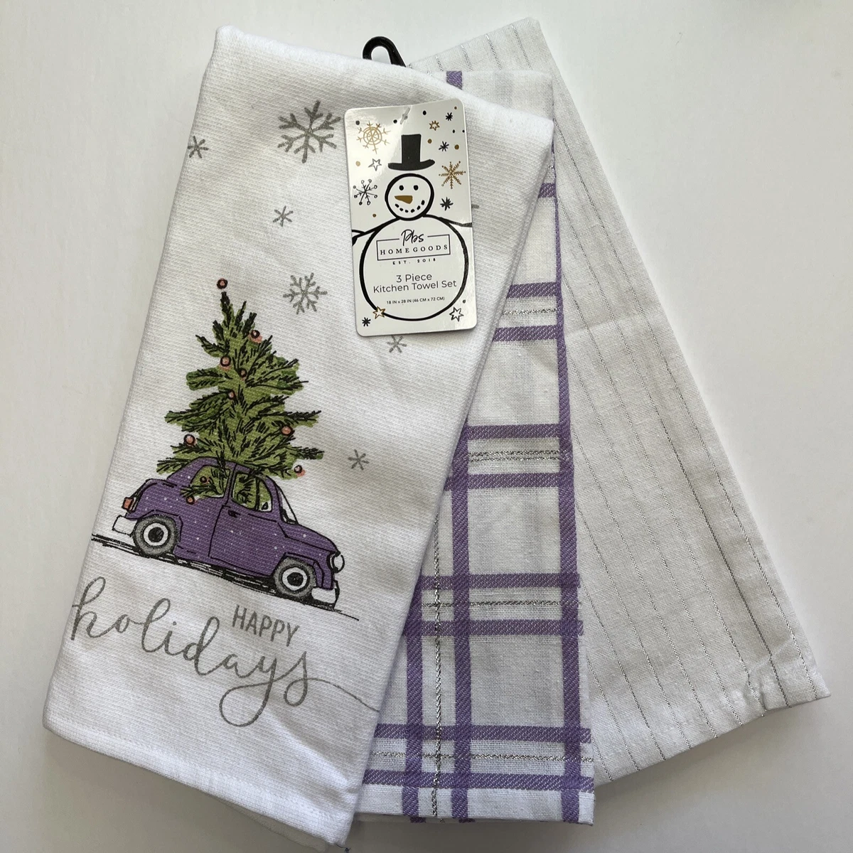 Happy Holiday Kitchen Towels Set of 3 Dish Tea Hand White Purple Silver  18x28 in