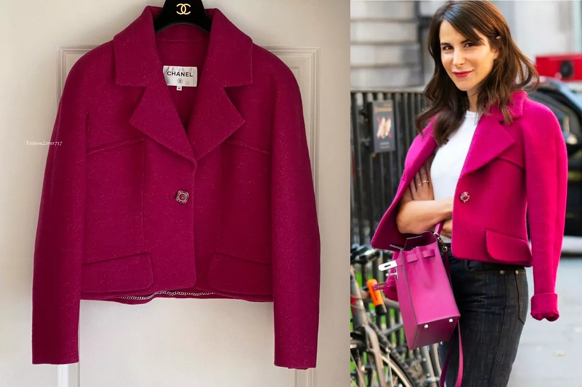 CHANEL $4250 18B RASPBERRY PINK ECRU CC BUTTON WOOL TWEED JACKET 46