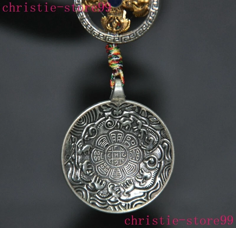 8.8" Tibet Budismo Templo Bronce Plata Zodiaco Amuleto Colgante Foto 3 de 4