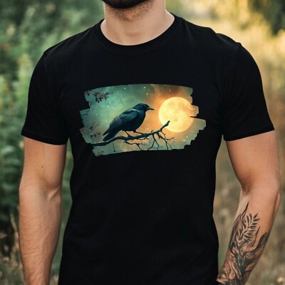 Herren T-Shirt Krähe bei Vollmond Motiv Baumwolle Größe XS bis 5XL