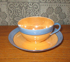 Meito China Lusterware Hand Painted Cup and Saucer Orange Blue Japan