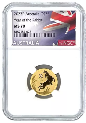 2023 Australia 1/4 oz Gold $25 Lunar Rabbit NGC MS70 - Flag Label