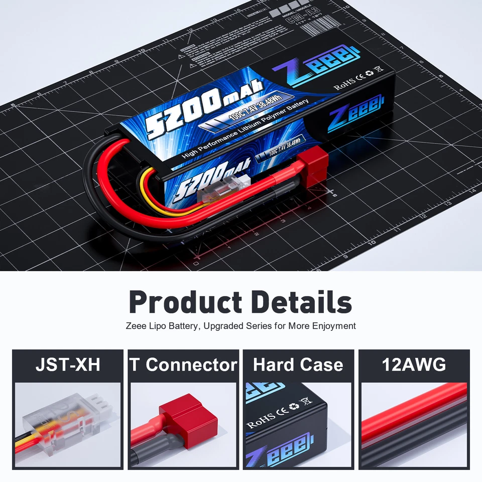 2x Zeee 2S 7,4V Lipo Akku Batterie T Stecker 5200mAh 100C für RC Fahrzeuge Auto - Bild 2 von 4