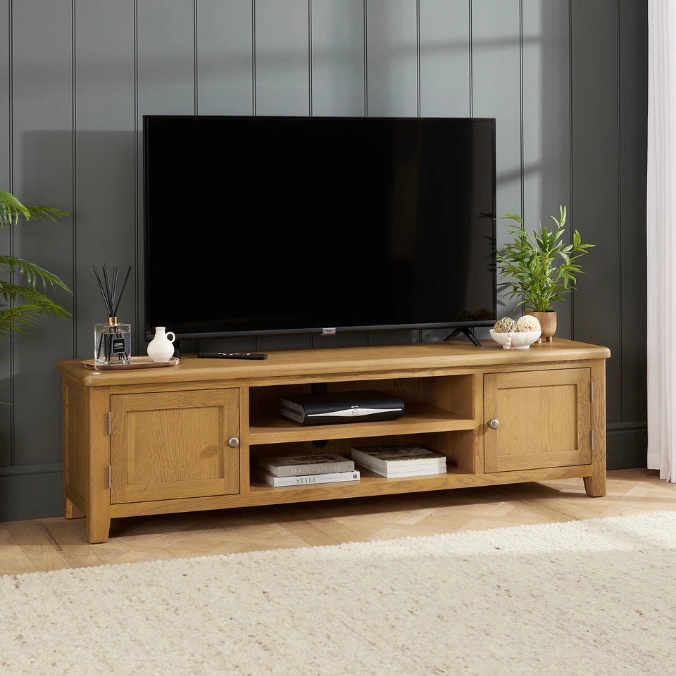 Cotswold Rustic Smoked Oak Large Widescreen TV Unit Stand – Up to 80” TV Size - Image 2 of 4