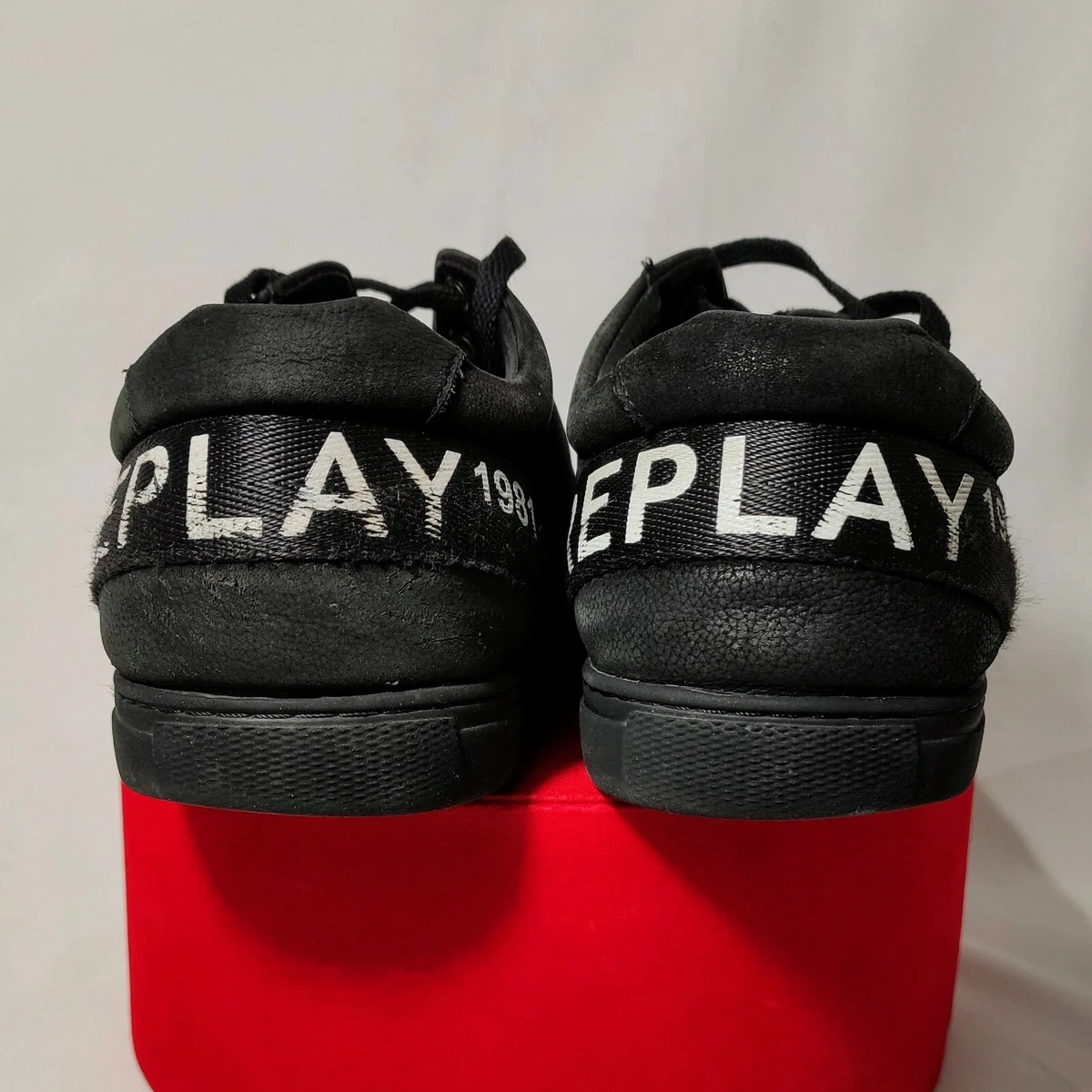 REPLAY 1981 Brand Black Leather Low Top Sneakers Logo Size 10