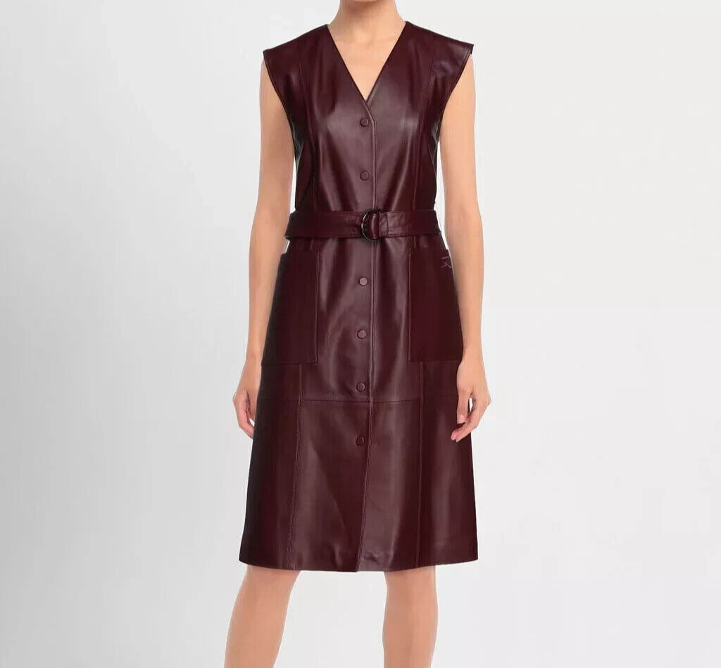 Women's 100% Real Lambskin Burgundy Leather Dress Front Button Cocktail Party