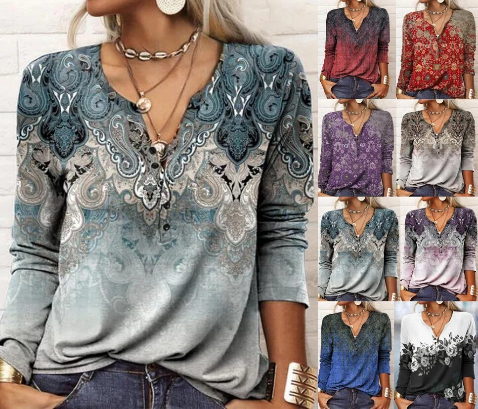 Womens Autumn Long Sleeve Pullover Holiday Tops T hirt V neck Tee Blouse Ladies