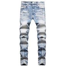 Men's Blue Denim Jeans Ripped Printed Straight Leg Hip Hop Punk Pants Trousers