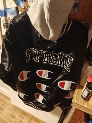 Supreme Champion Hooded Satin Varsity Jacket - Size L- Black. | eBay