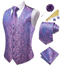 Men's Suit Vest and Tie Set Formal Waistcoat V-Neck Paisley Vest and Tie Pock...