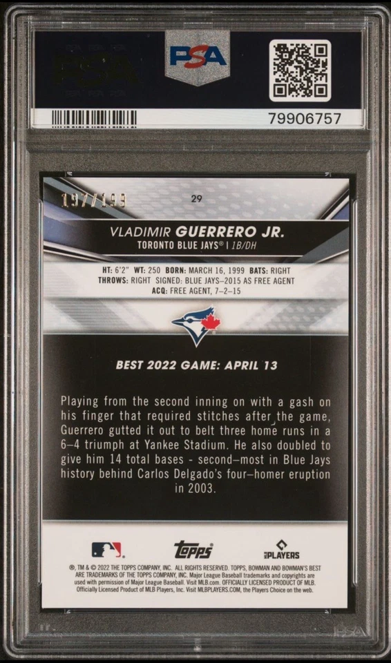 2022 Bowman's Best🔥#29🔥Vladimir Guerrero Jr.🔥Aqua-Lava Ref🔥137/199🔥PSA 8 - Image 2 of 2