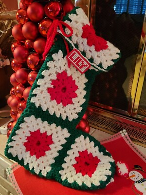 VINTAGE Mid Century Handmade Crochet Christmas Stocking Boot Granny Squares LILY